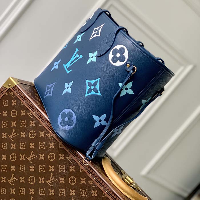Louis Vuitton LV Unisex Neverfull MM Gradient Blue Monogram Empreinte Embossed Cowhide Leather Tote