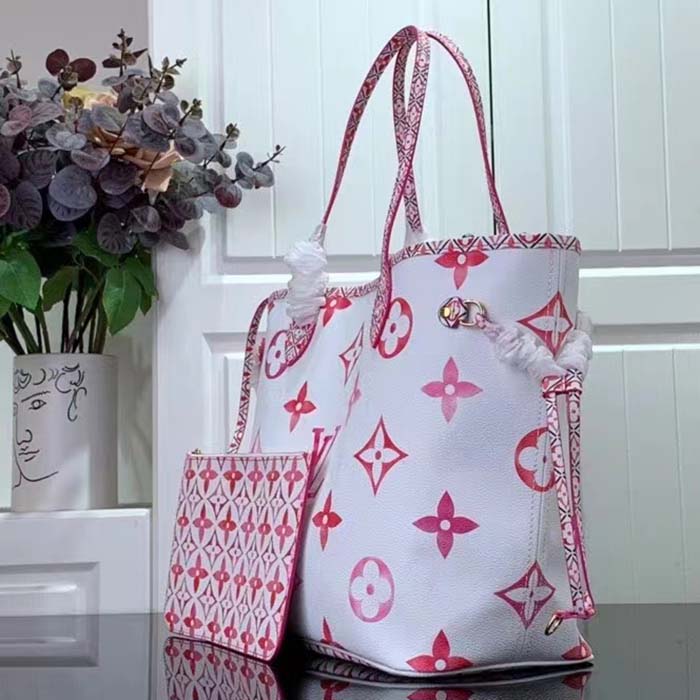 Louis Vuitton LV Unisex Neverfull MM Pink Monogram Coated Canvas Textile Lining Tote