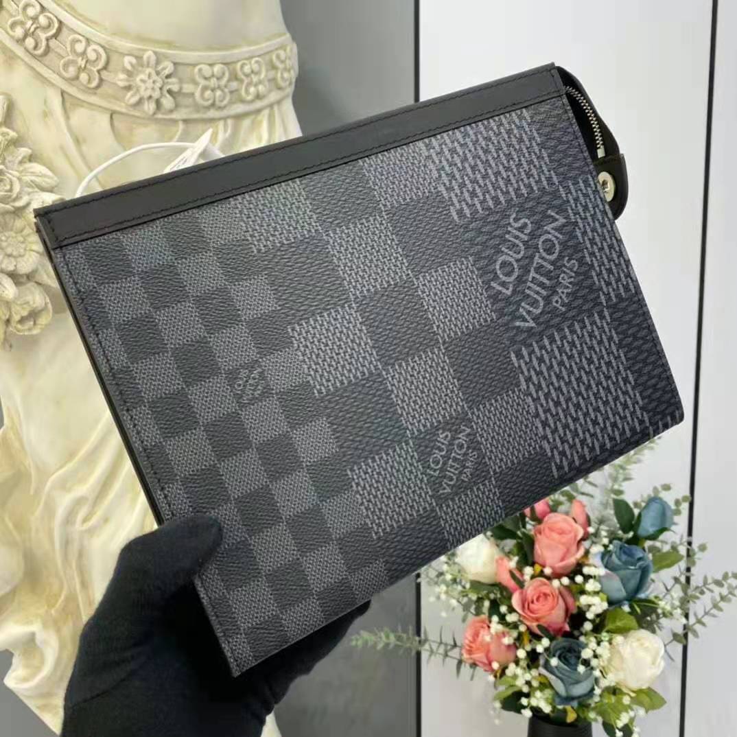Louis Vuitton LV Unisex Pochette Voyage Gray Damier Graphite 3D Coated Canvas Clutch