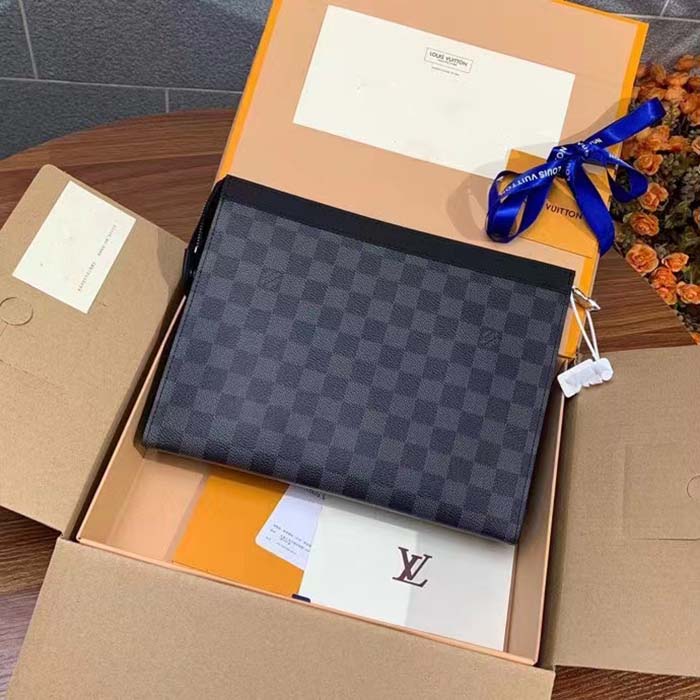 Louis Vuitton LV Unisex Pochette Voyage MM Black Grey Damier Graphite Coated Canvas Clutch
