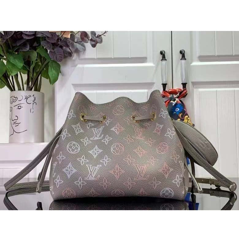 Louis Vuitton LV Women Bella Bucket Bag Gray Mahina Perforated Calfskin Leather Microfiber Lining
