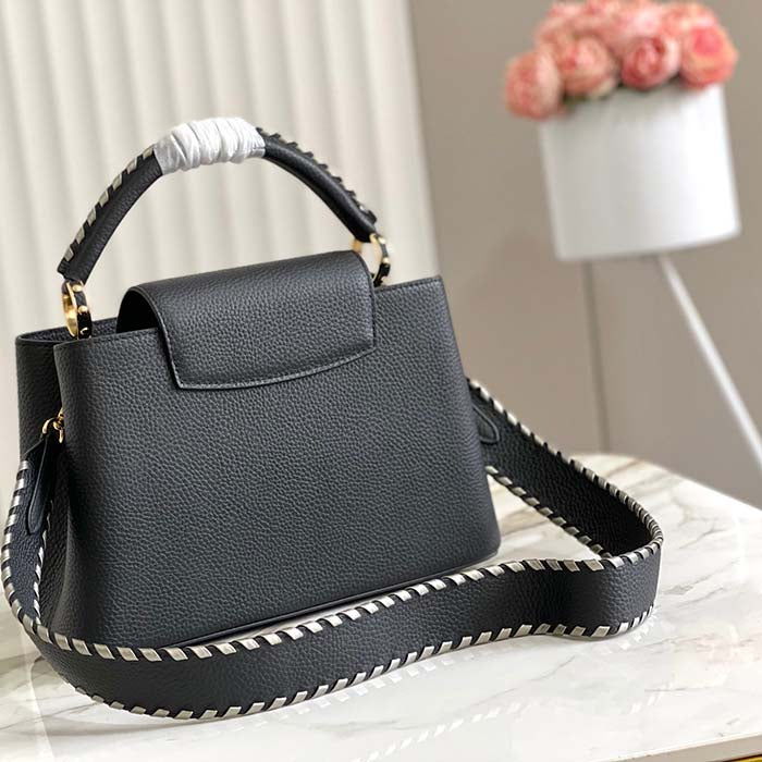 Louis Vuitton LV Women Capucines MM Handbag Black Etain Metallic Gray Taurillon Leather