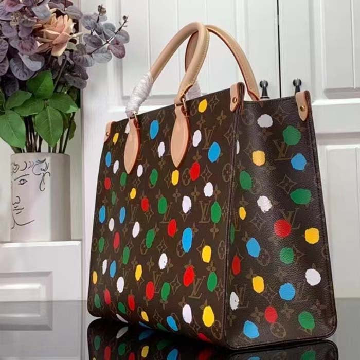 Louis Vuitton LV Women LV x YK OnTheGo MM Monogram Coated Canvas 3D Painted Dots Print Tote