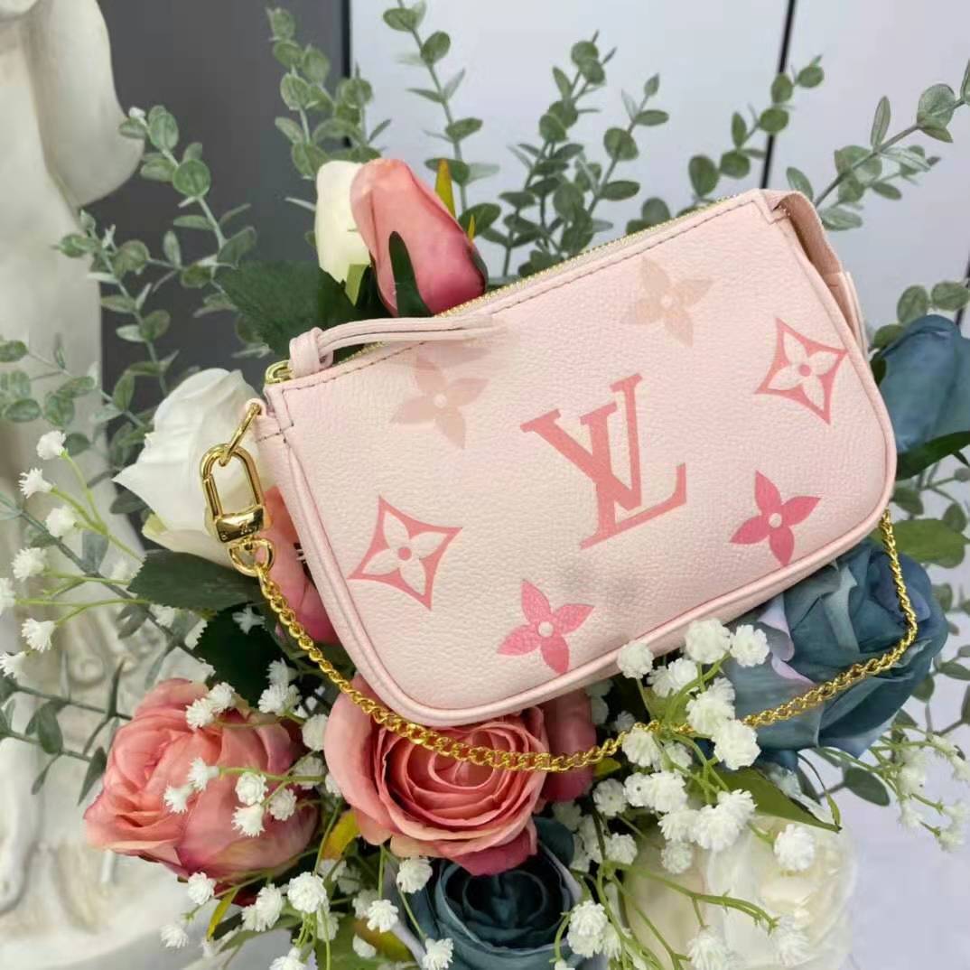 Louis Vuitton LV Women Mini Pochette Accessoires Pink Monogram Empreinte Embossed Supple Grained Cowhide Clutch