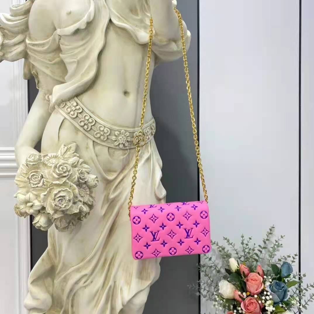 Louis Vuitton LV Women Pochette Coussin Pink Monogram Embossed Lambskin Clutch