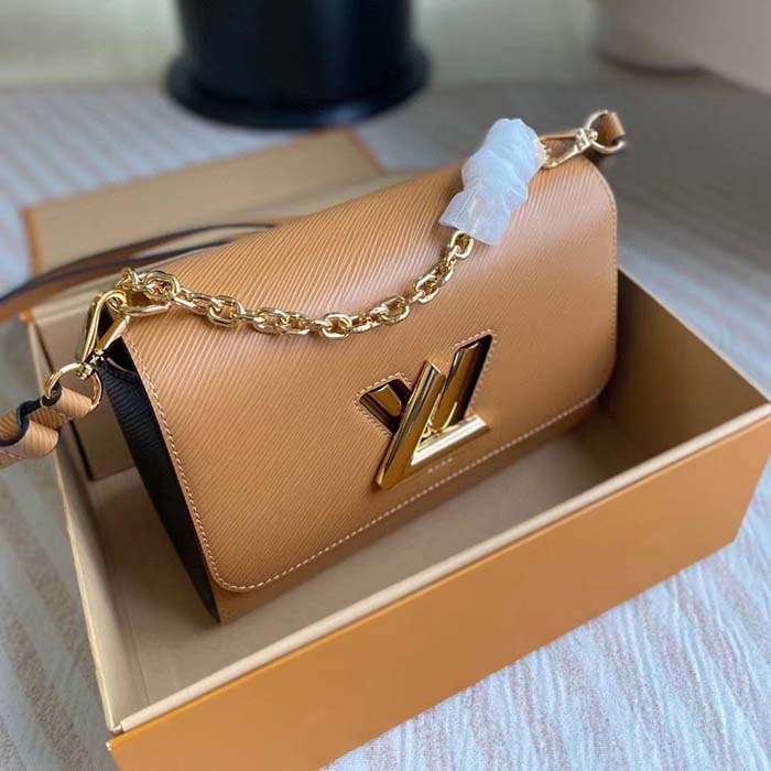 Louis Vuitton LV Women Twist MM Camel Light Brown Epi Grained Cowhide Leather Handbag
