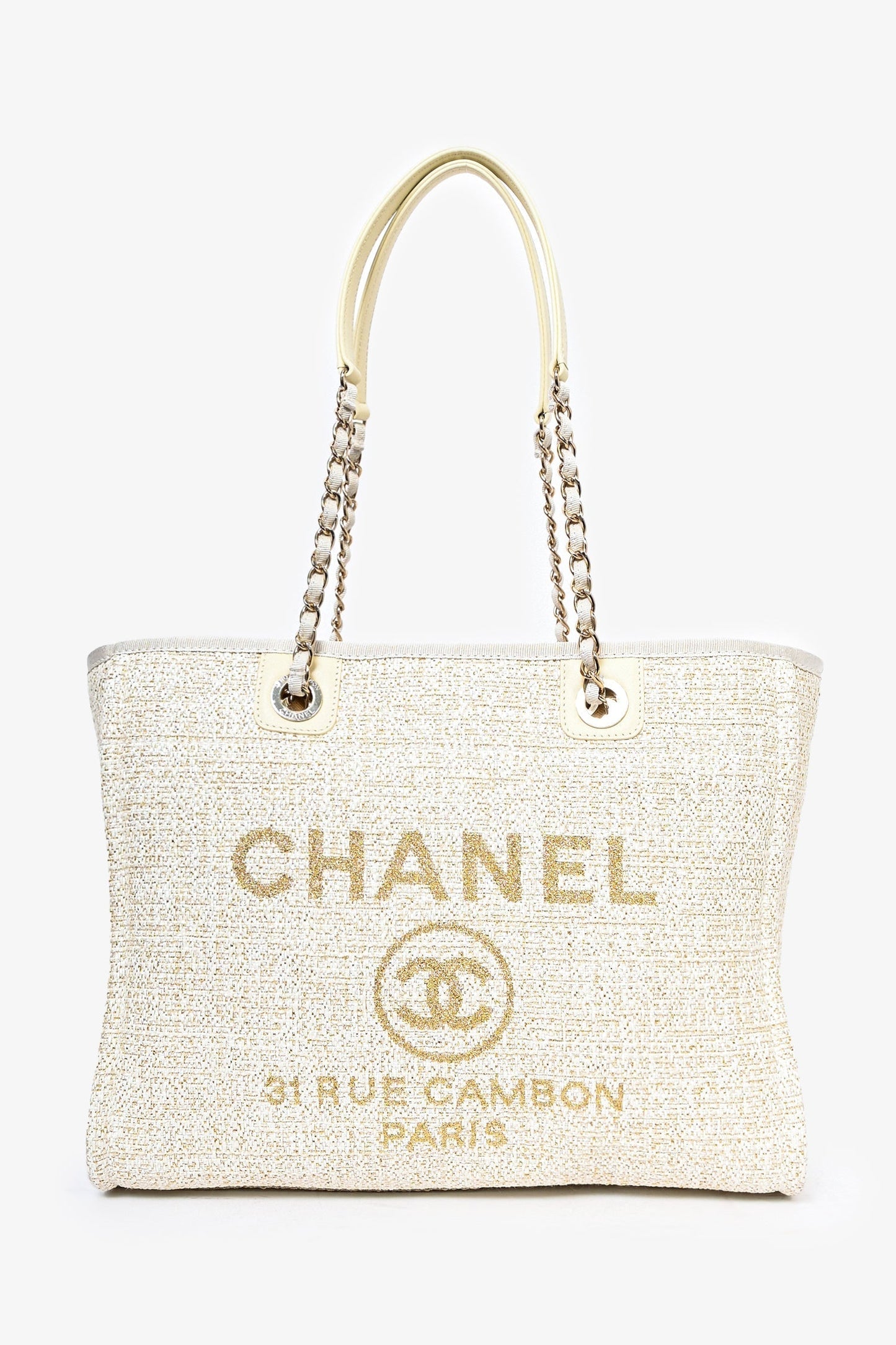 Chanel™ 2021/22 Beige/Gold Metallic Tweed Small Deauville Shopping Tote