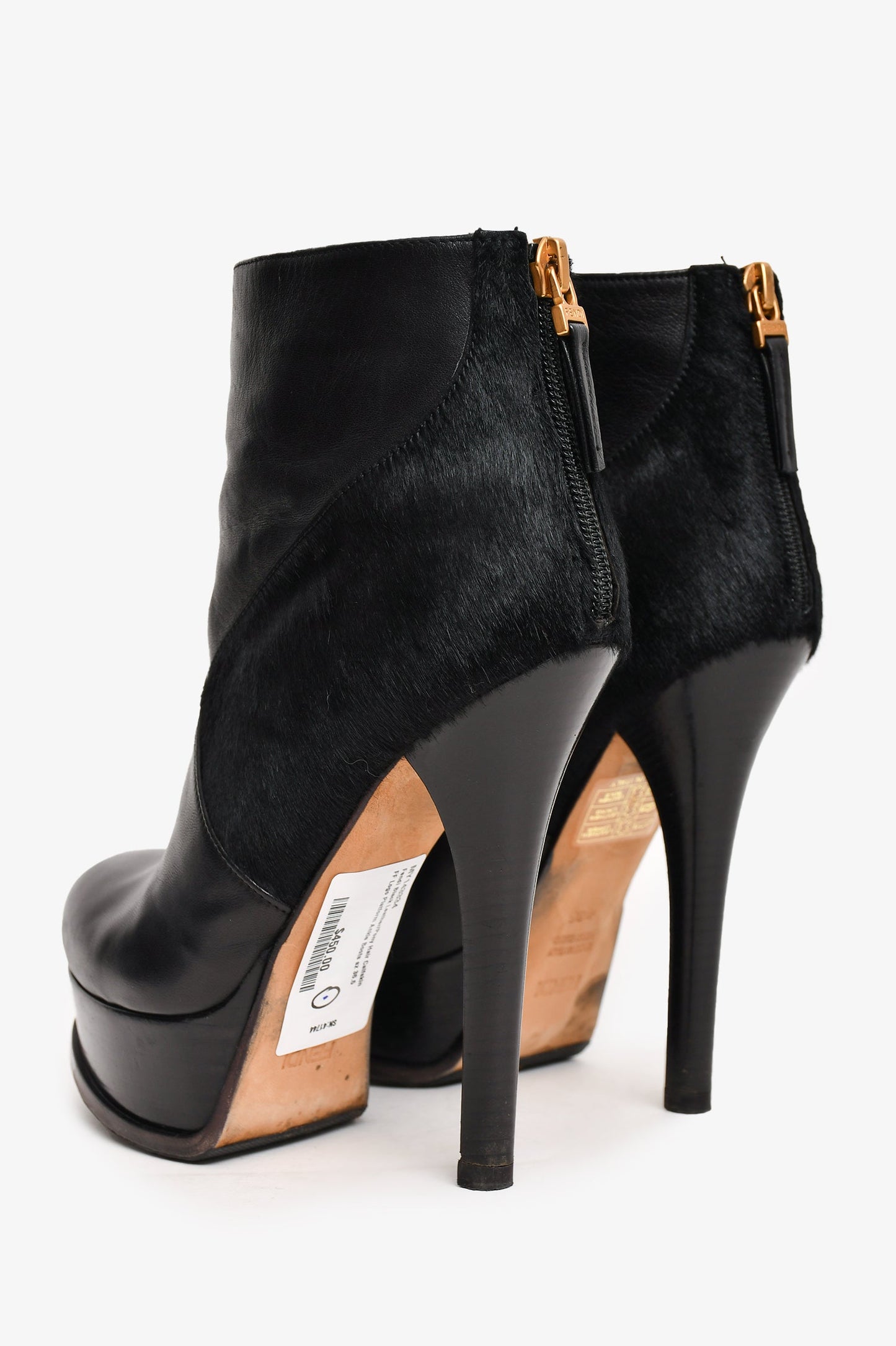Fendi Black Leather/Pony Hair Calfskin FF Logo Platform Ankle Boots Size 36.5