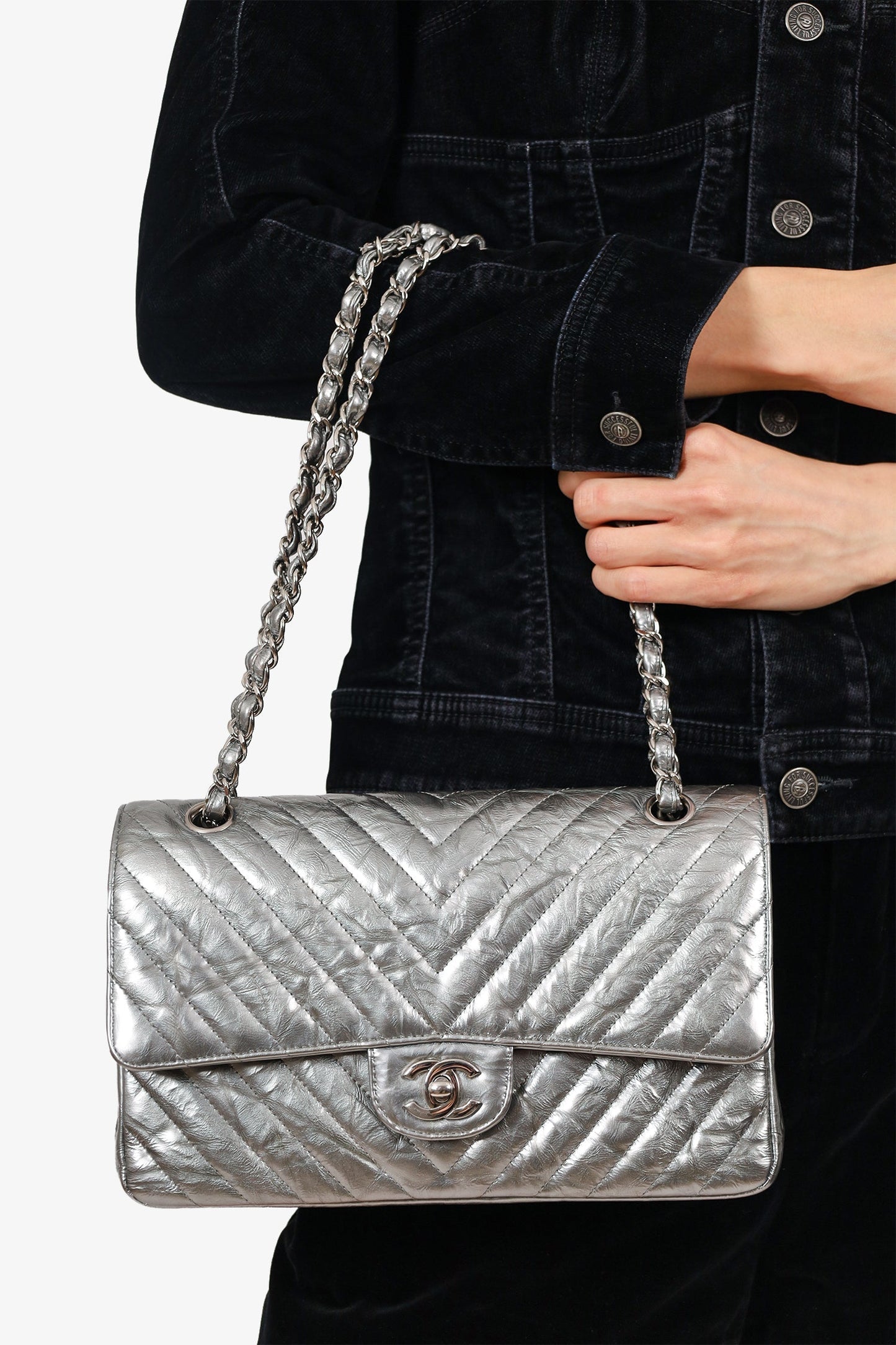 Chanel™ 2018 Silver Metallic Patent Crumpled Calfskin Chevron Quilted Medium Double Flap Shoulder Bag