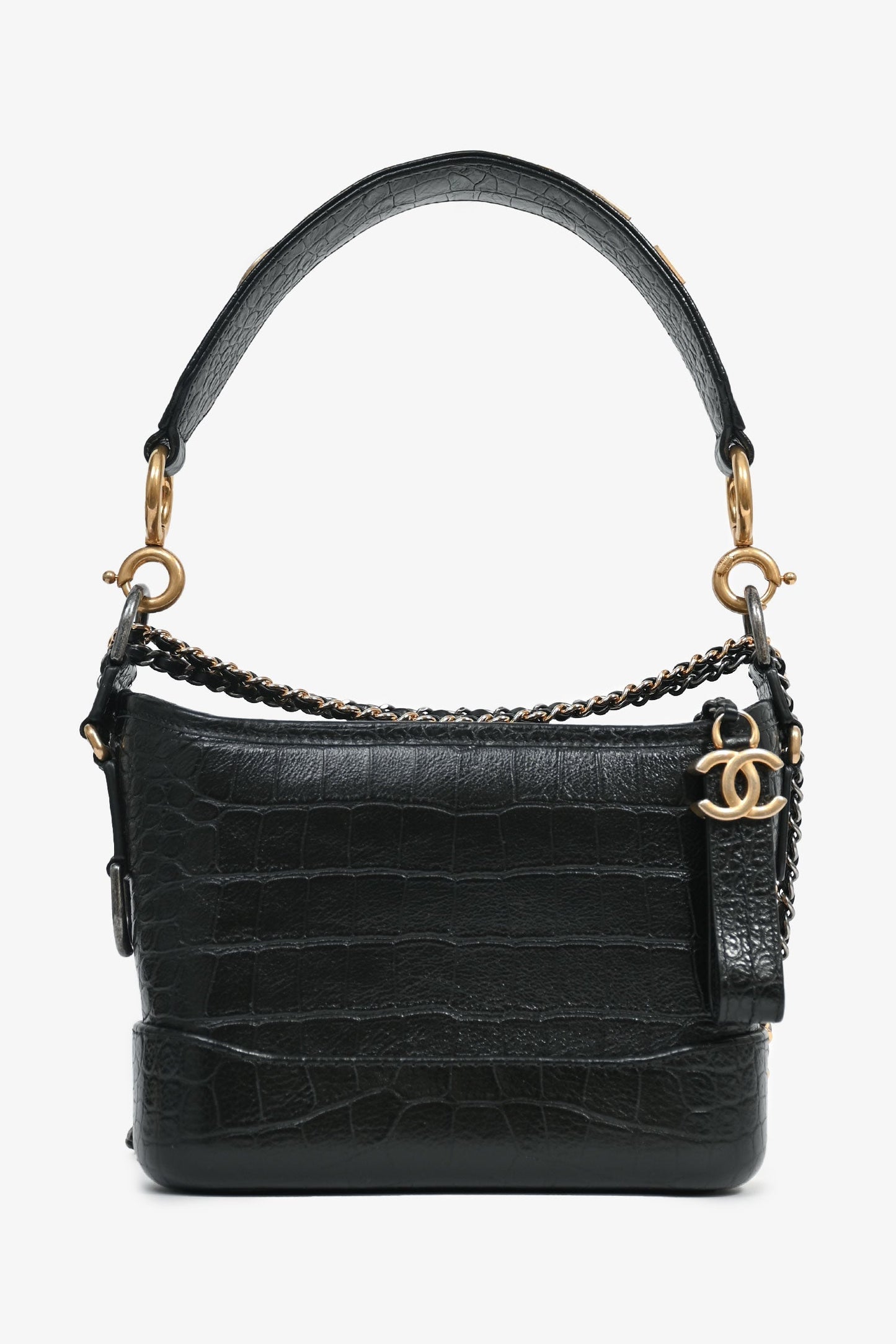 Chanel™ 2019-20 Black Croc Embossed Leather Medium Gabrielle Crossbody Bag with Logo Strap
