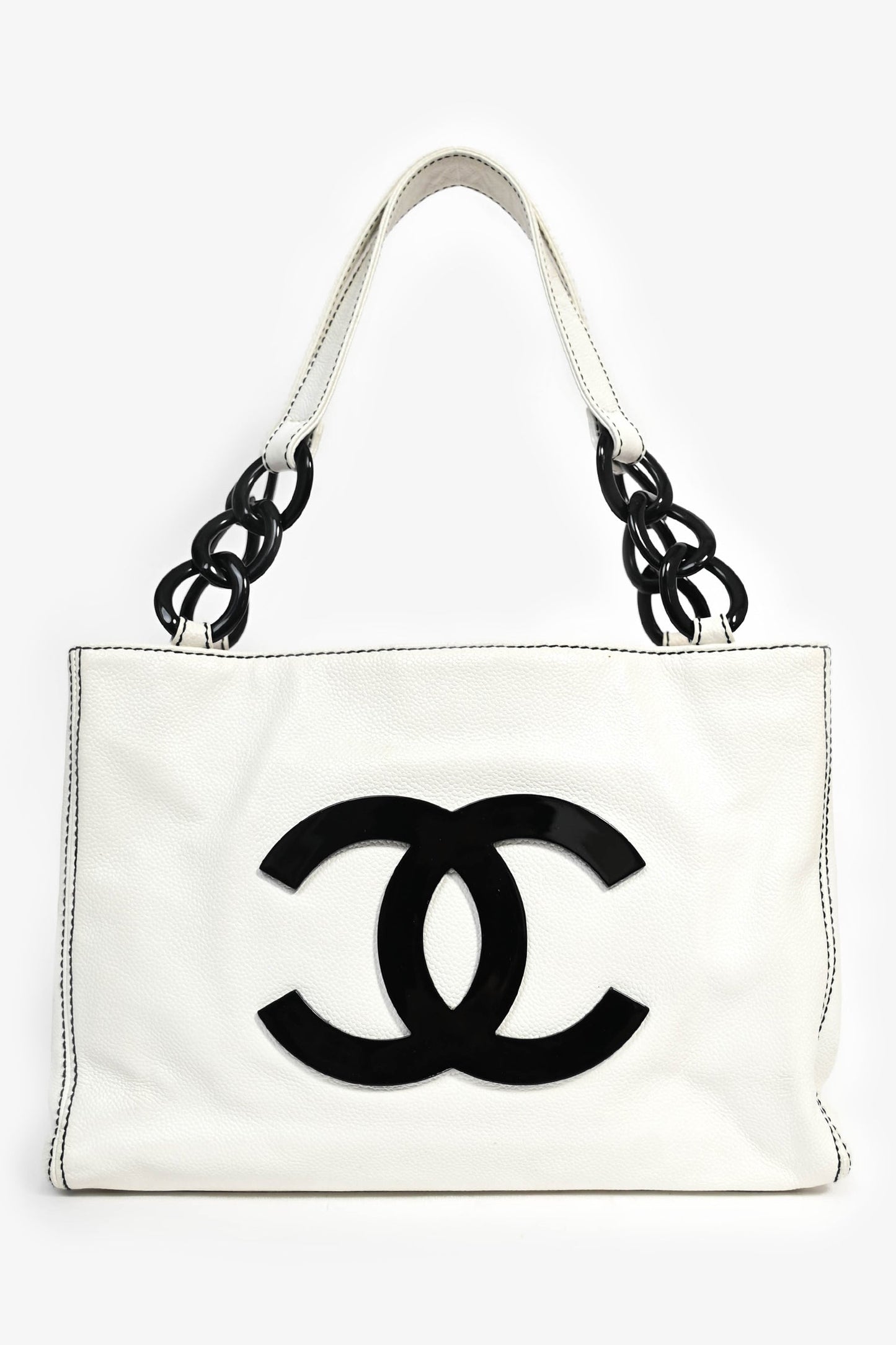 Chanel™ 2004-05 White Caviar Leather Black Resin CC Chain Link Tote Bag