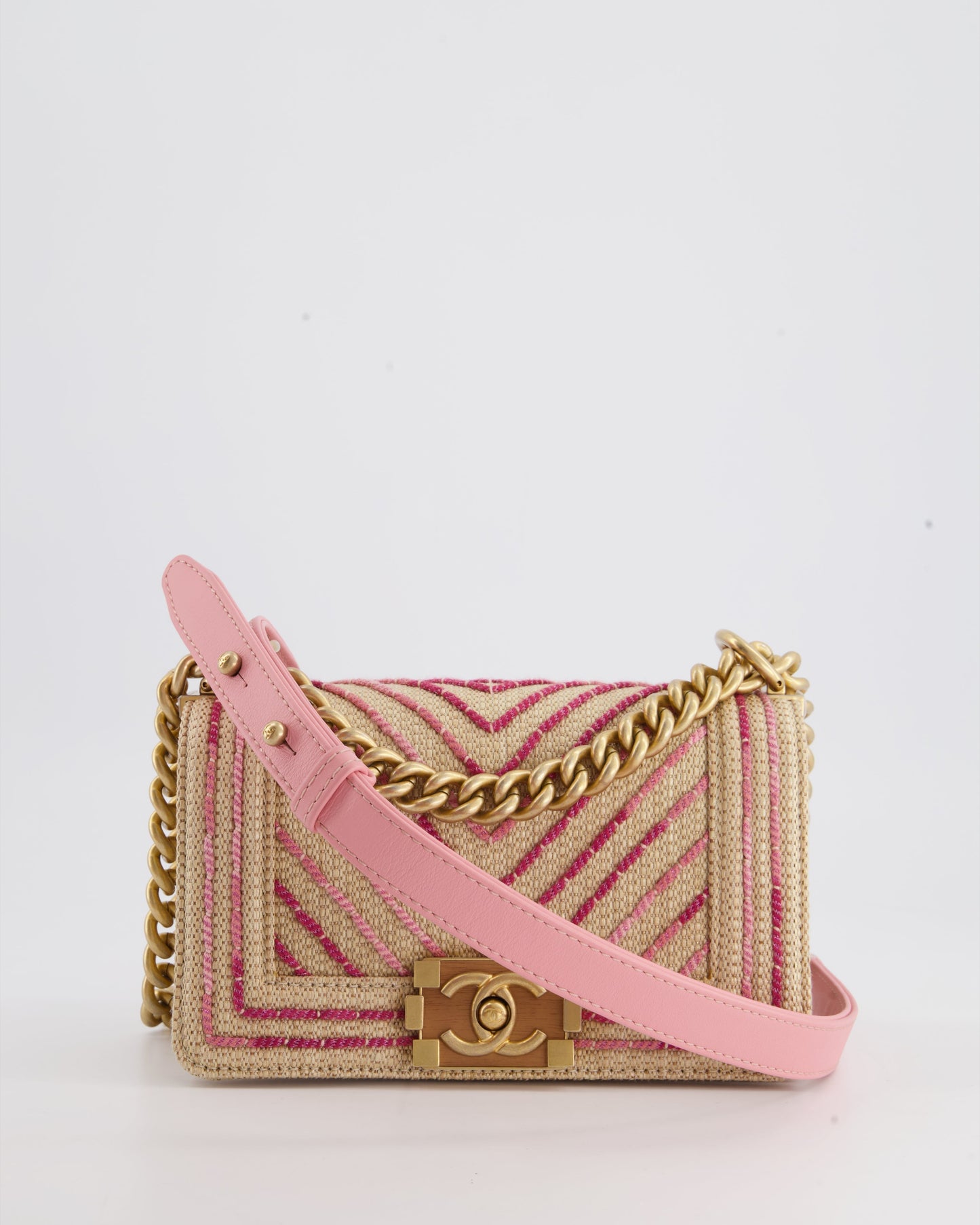 Chanel Small Raffia Boy Bag with Metallic Pink Chevron Stitch and Brushed Gold Hardware