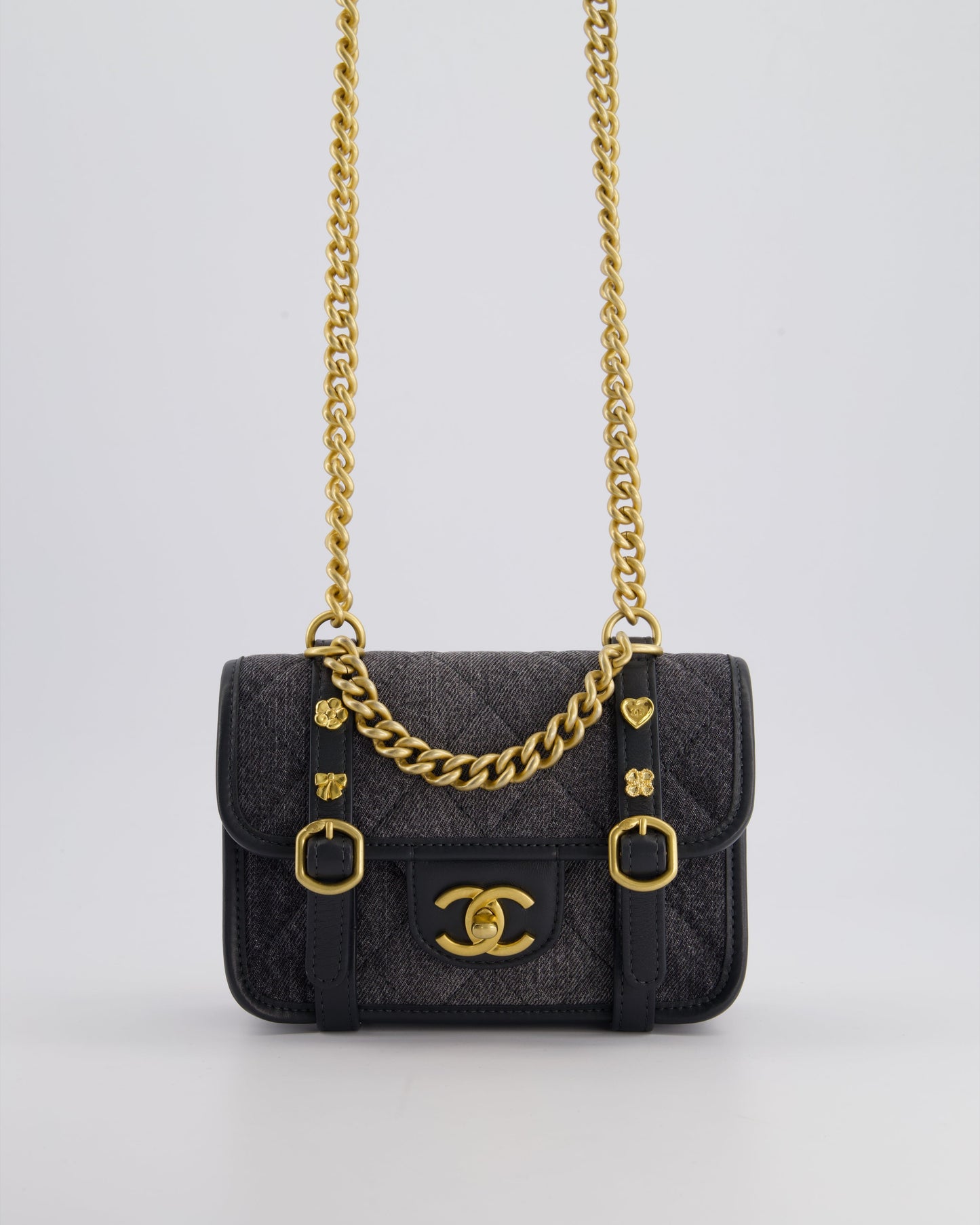 Chanel Grey Mini Flap Bag with Brushed Gold Hardware and Charm Detail