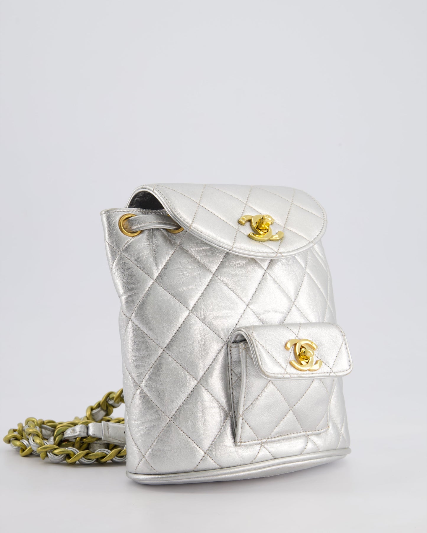 *RARE* Chanel Metallic Silver Mini Duma Backpack Bag in Lambskin Leather with 24K Gold Hardware