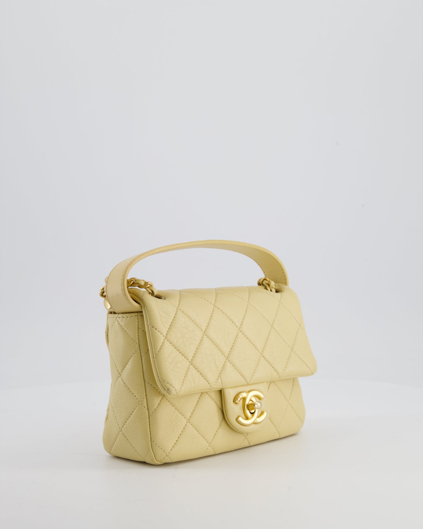 Chanel Mini Flap Bag in Pale Yellow Lambskin Leather with Chunky Chain and Gold Hardware