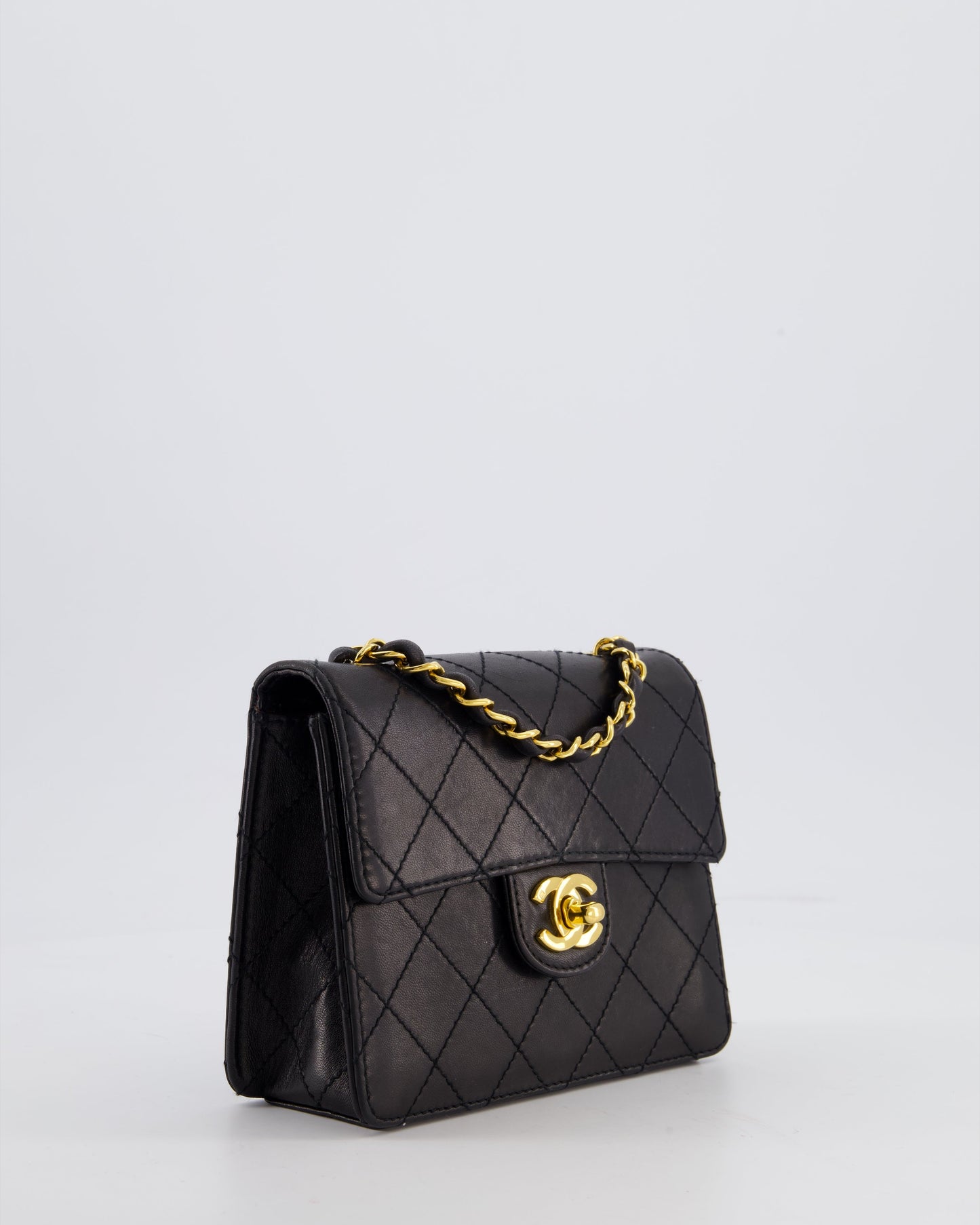 Chanel Black Mini Square Classic Flap Bag in Lambskin Leather with 24K Gold Hardware
