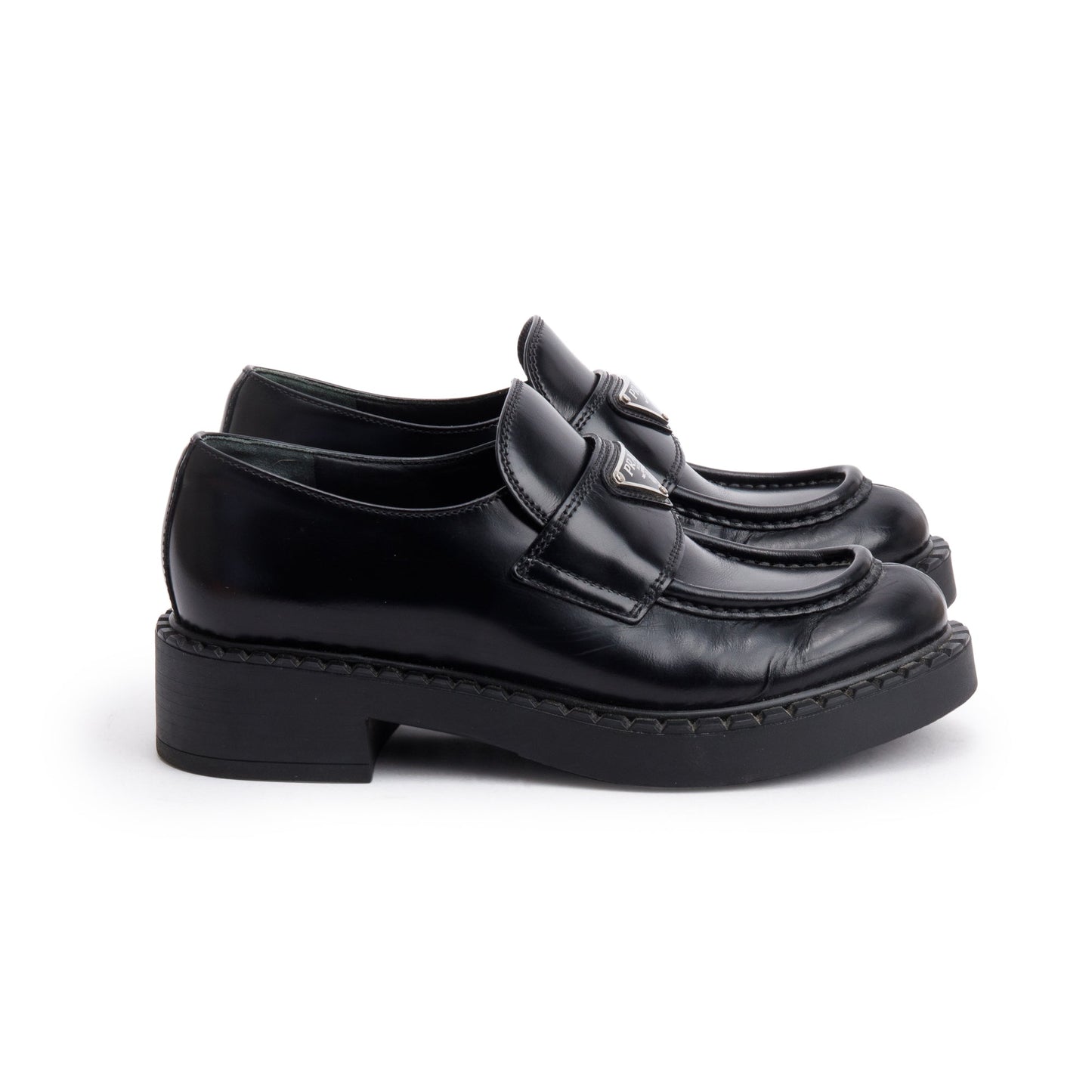 Prada Black Leather Signature Logo Loafers, Size 35