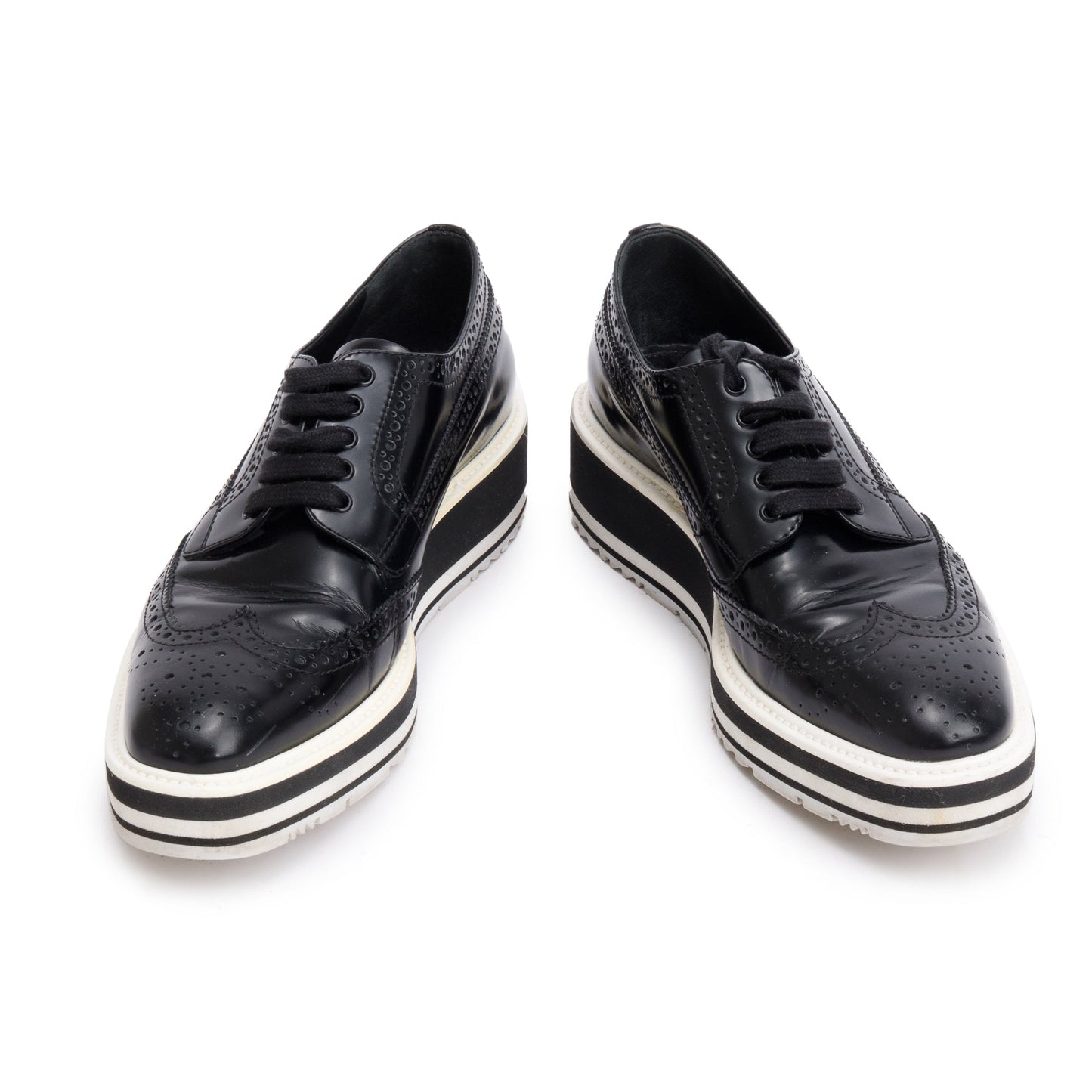 Prada Black Spazzolato Leather Eyelet Trim Laced Oxford Shoes, Size 37