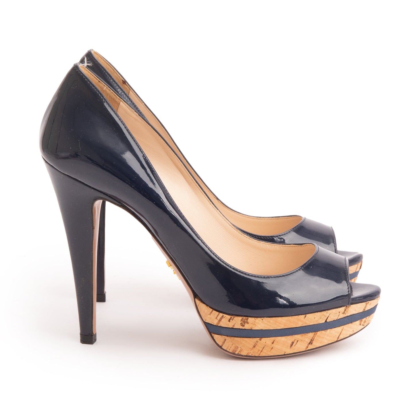 Prada Blue Patent Leather Calzature Donna Peep Toe Pumps, Size 37