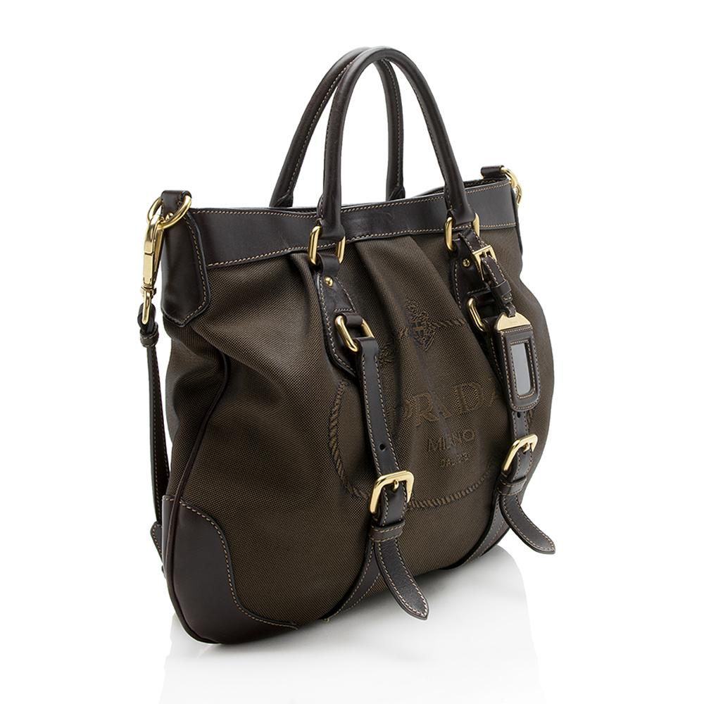 Prada Jacquard Leather Logo Pleated Tote ( )