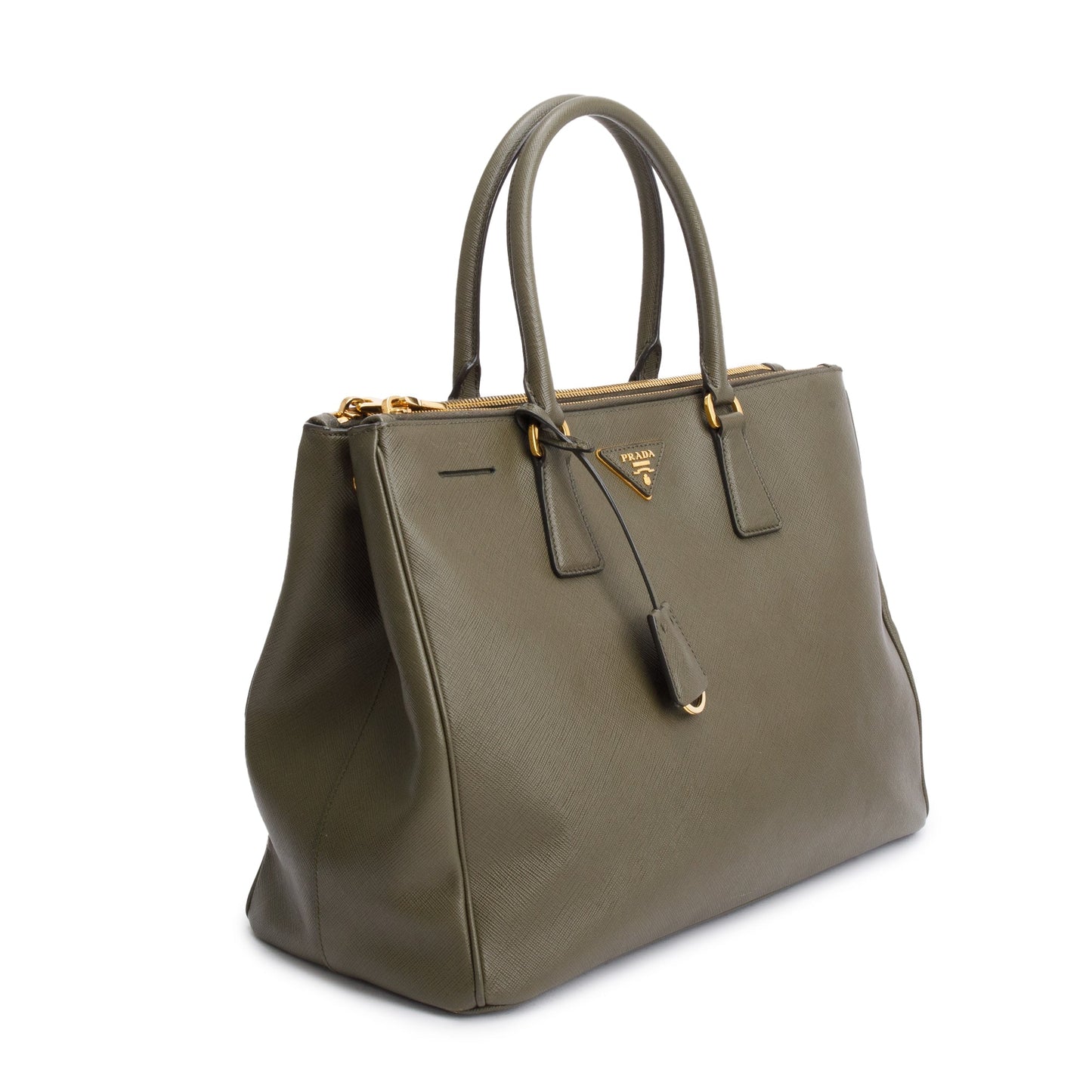 Prada Olive Green Saffiano Lux Large Double Zip Galleria Tote