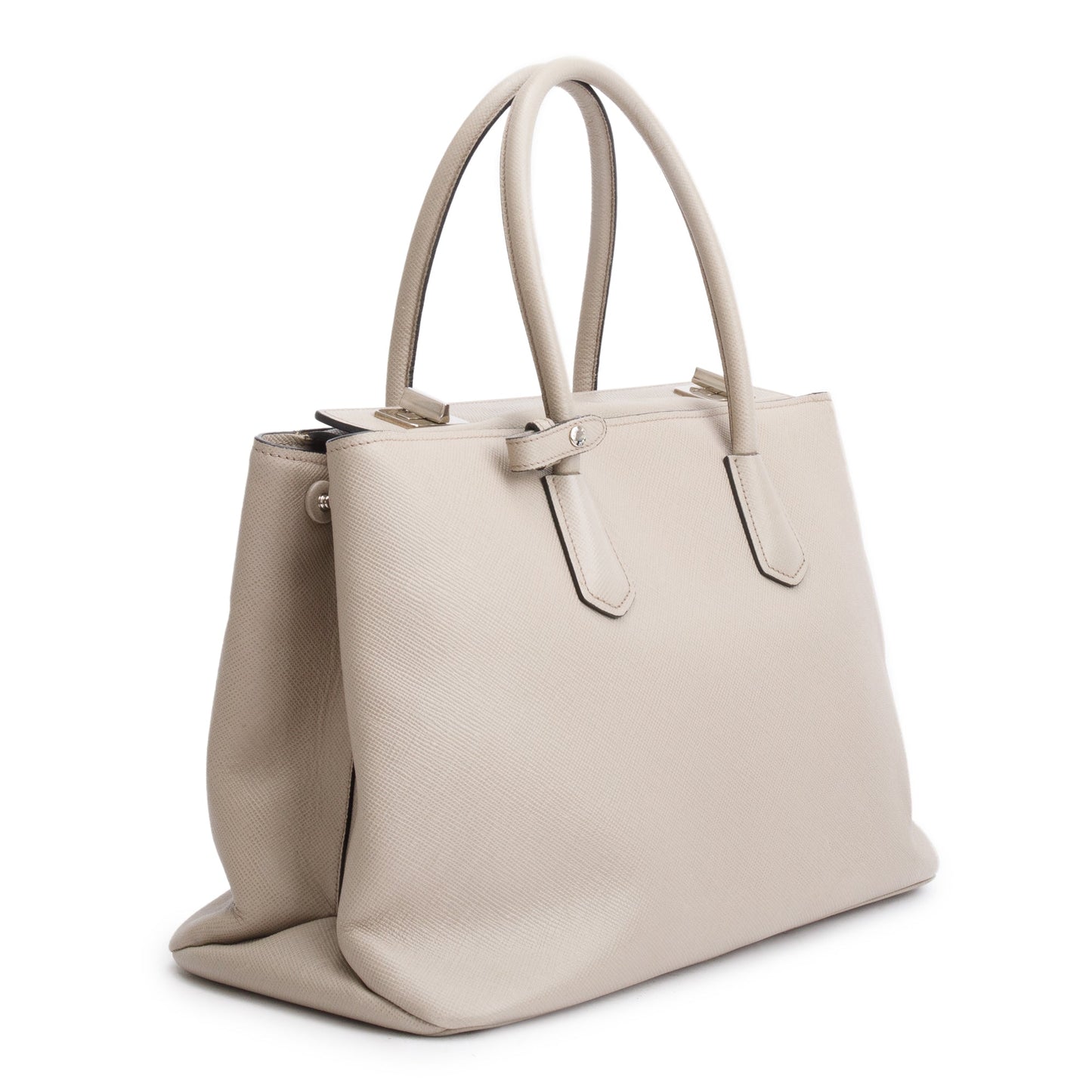 Prada Taupe Saffiano Cuir Medium Turnlock Twin Tote