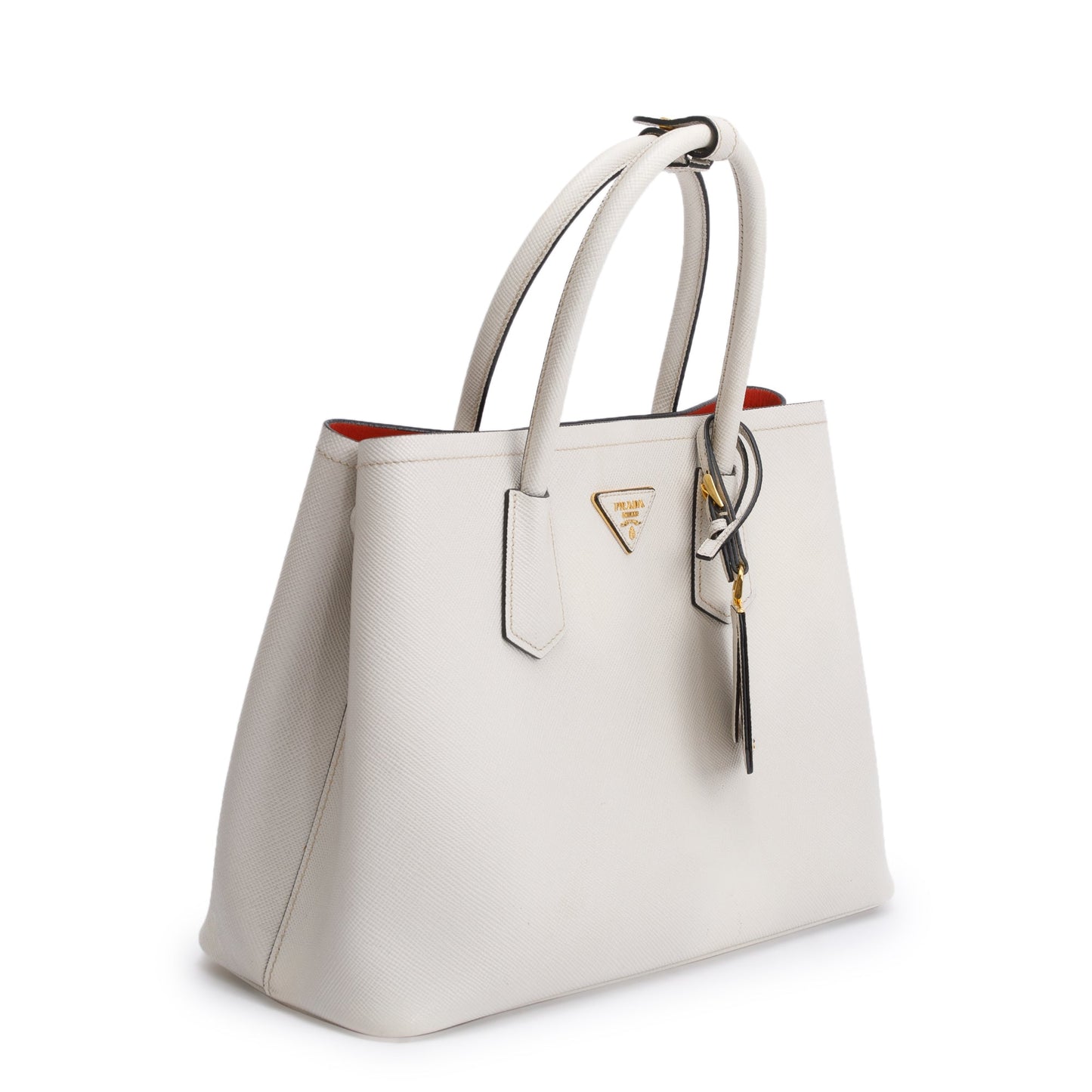 Prada White Saffiano Lux Medium Cuir Double Tote