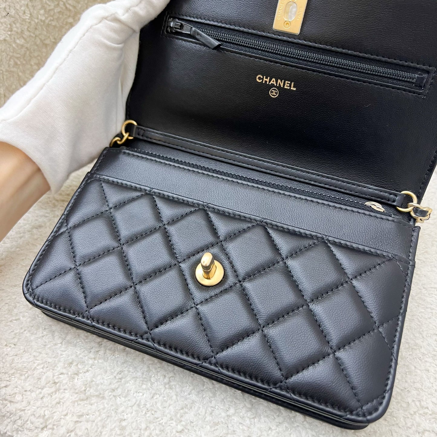 Chanel Pearl Crush Wallet on Chain WOC in Black Lambskin and AGHW Crossbody