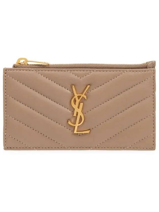 Luxury Saint Laurent Trending 2026 Monogram Logo Plaque Zip-Up Card Wallet Dusty Grey
