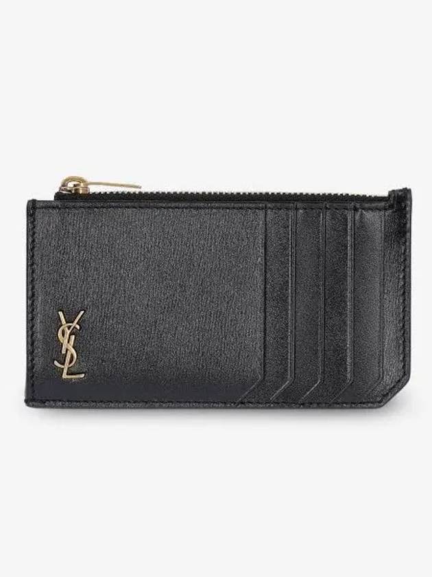 Luxury Saint Laurent Trending 2026 Monogram Leather Gold Zipper Card Wallet Black