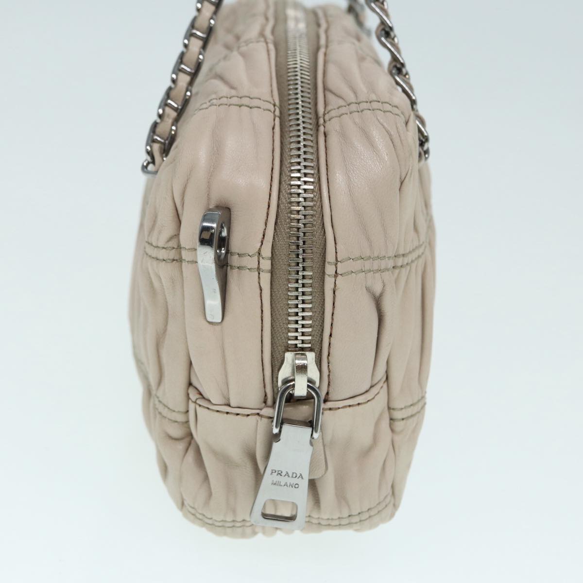 PRADA Gathered Hand Bag Leather 2way Beige Silver Auth