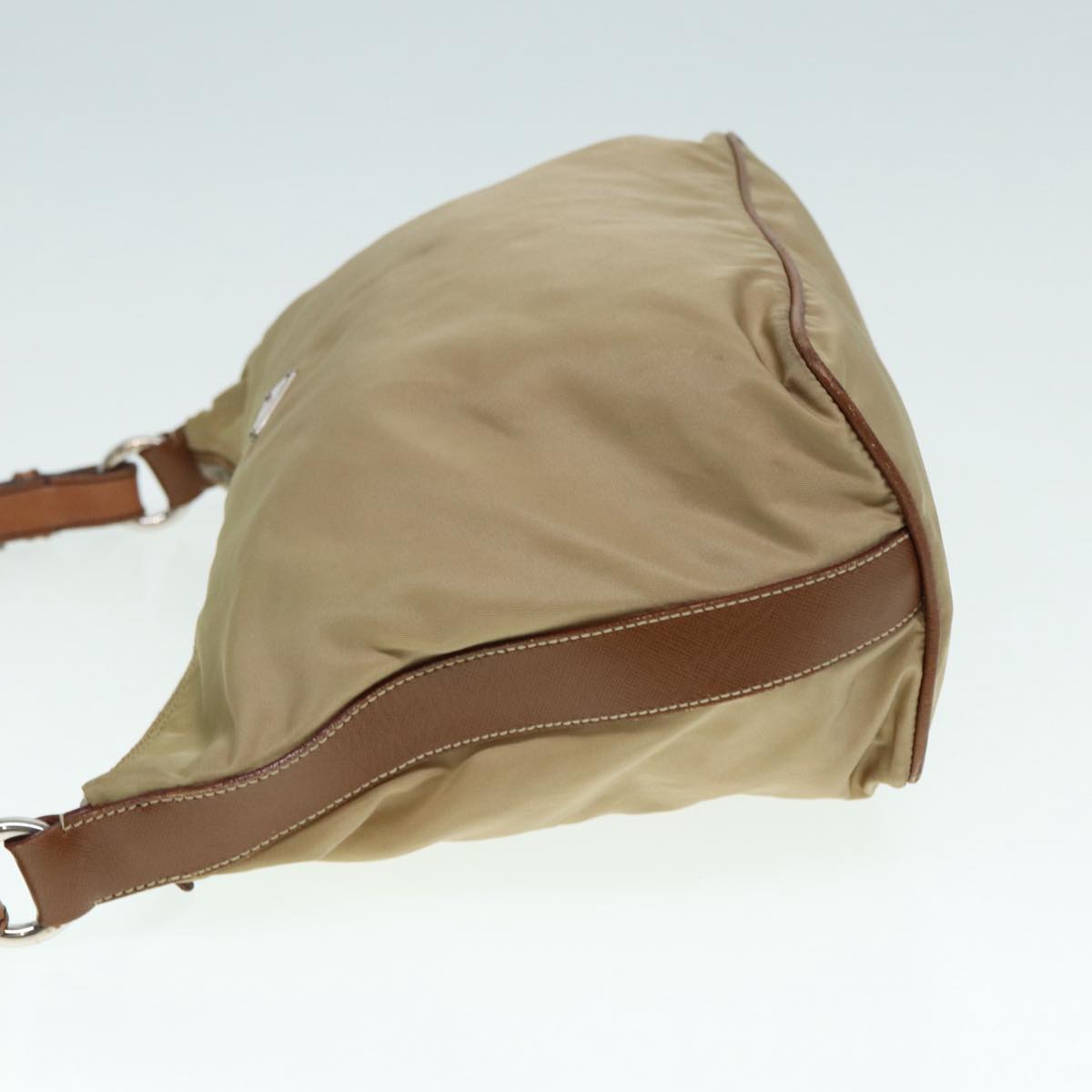 PRADA Shoulder Bag Nylon Leather Beige Silver Auth
