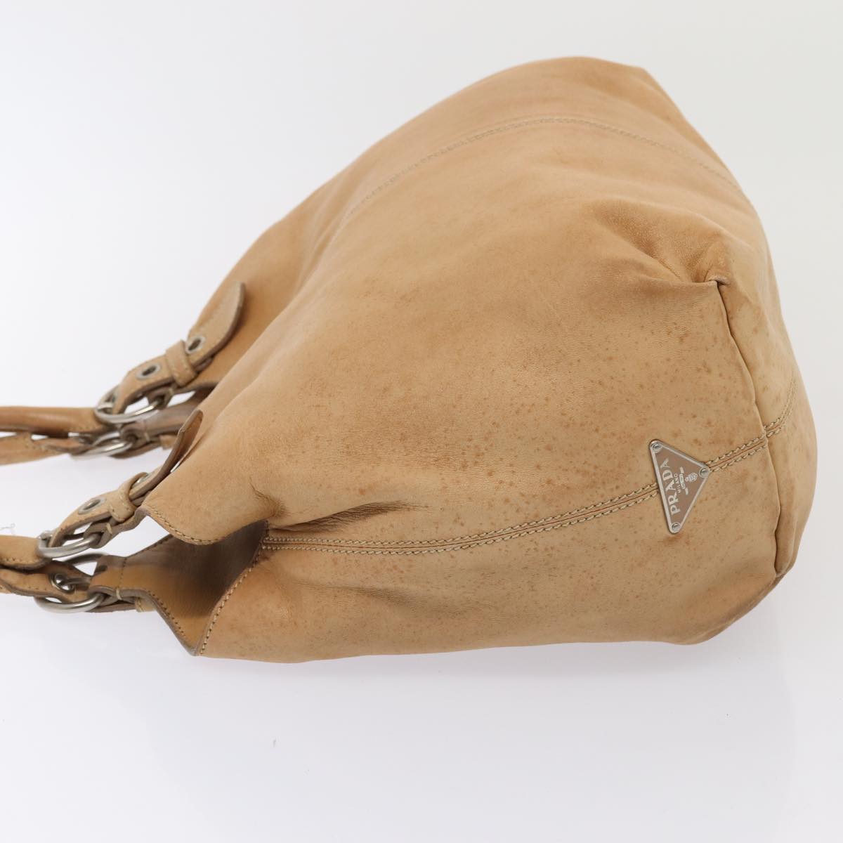 PRADA Shoulder Bag Leather Beige Silver Auth