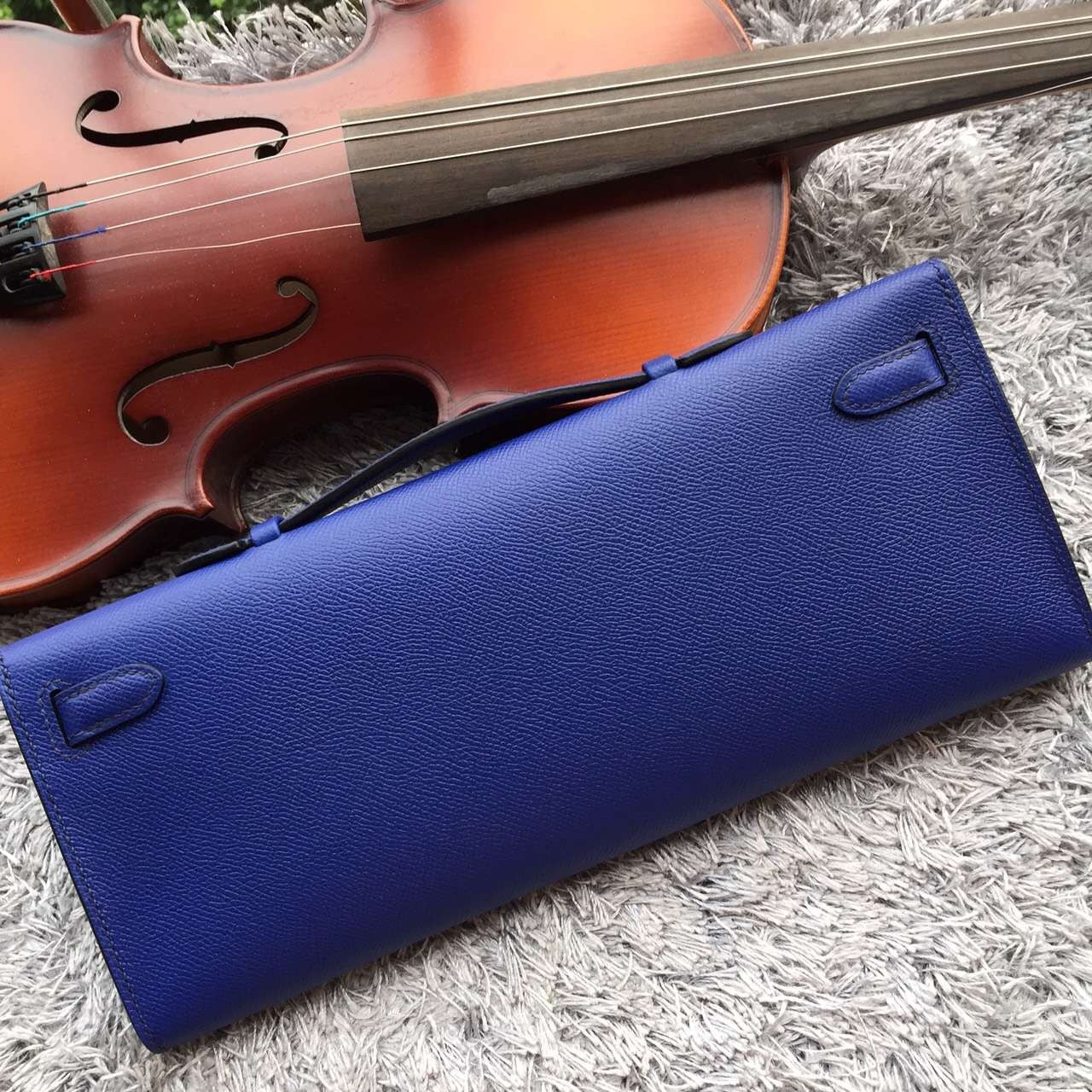 Luxury Hermes Blue Handcrafted Kelly Cut Clutch