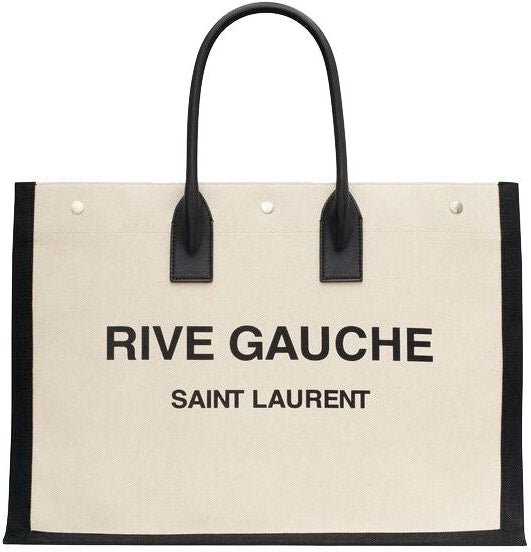 Luxury Saint Laurent Trending 2025 Men's Rive Gauche Print Tote Bag in Greggio/Nero/Nero |