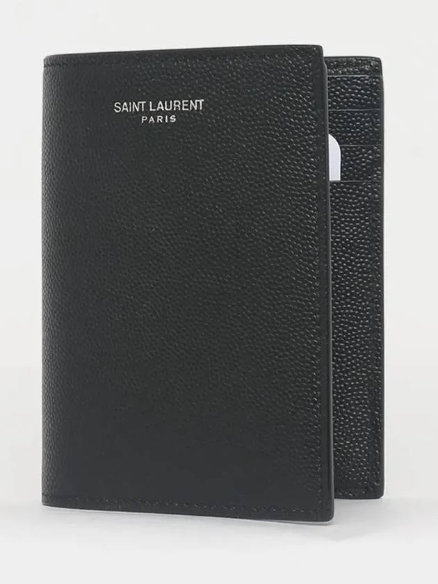 Luxury Saint Laurent Trending 2026 Logo Grain Leather Half Wallet Black