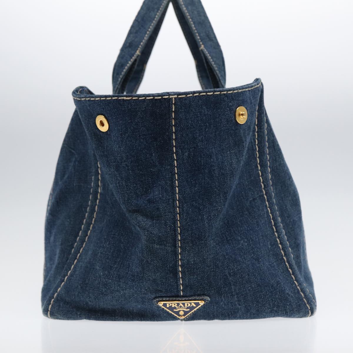 PRADA Canapa GM Hand Bag Denim Blue Gold Auth