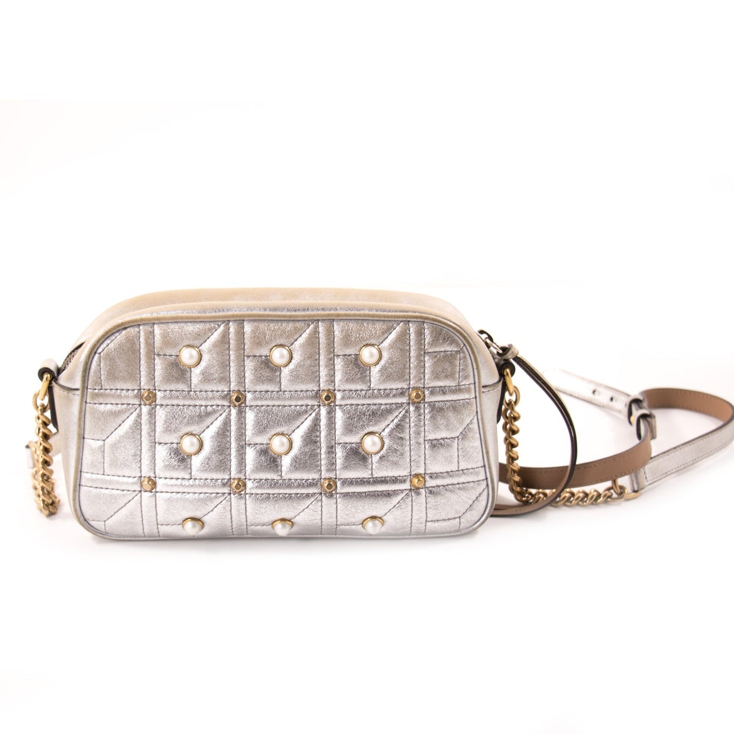 Gucci GG Marmont Silver Leather Metallic Shoulder Bag