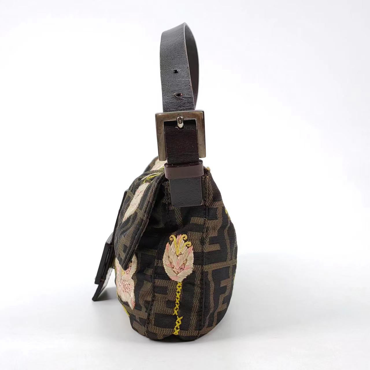FENDI Baguette Zucca Print with Flower Embroidery