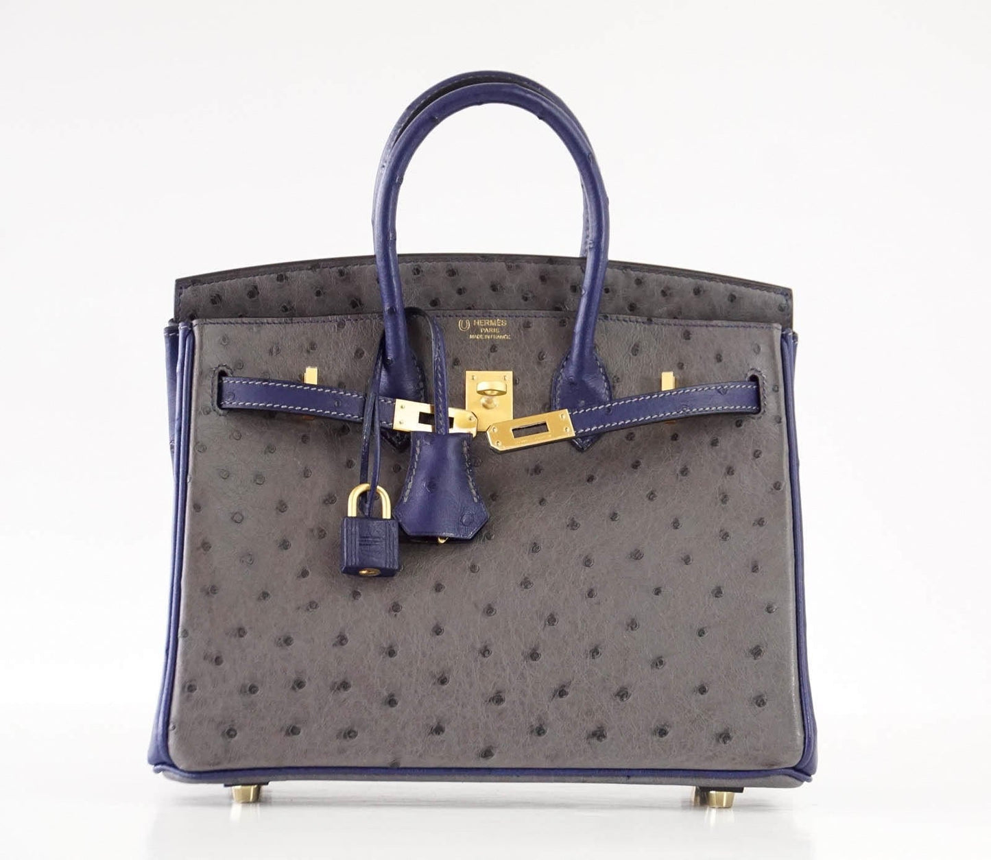 Hermes Birkin 25 Bag HSS Ostrich Gris Agate/ Blue Sapphire Brushed Gold