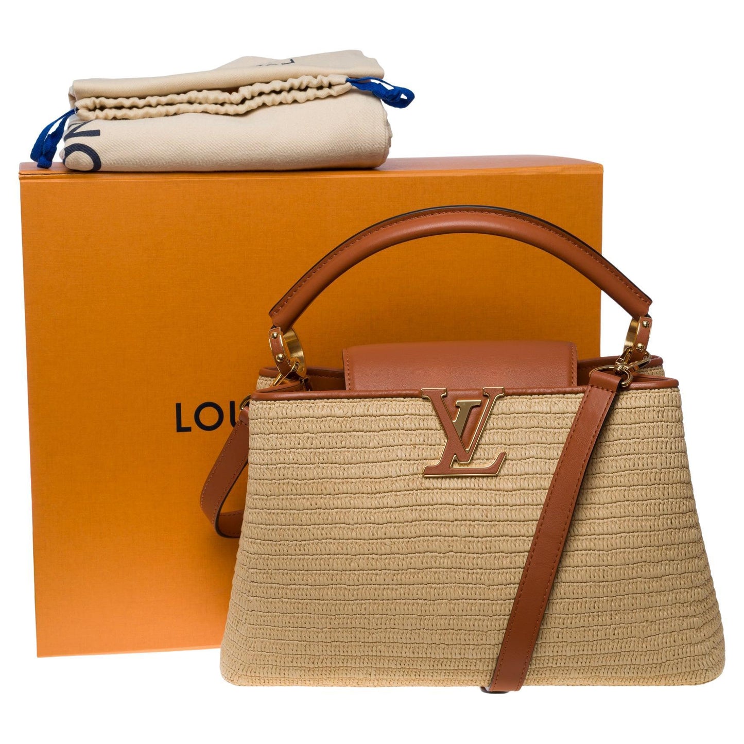 LOUIS VUITTON Limited Edition Capucines MM handbag strap in braided Raffia, GHW