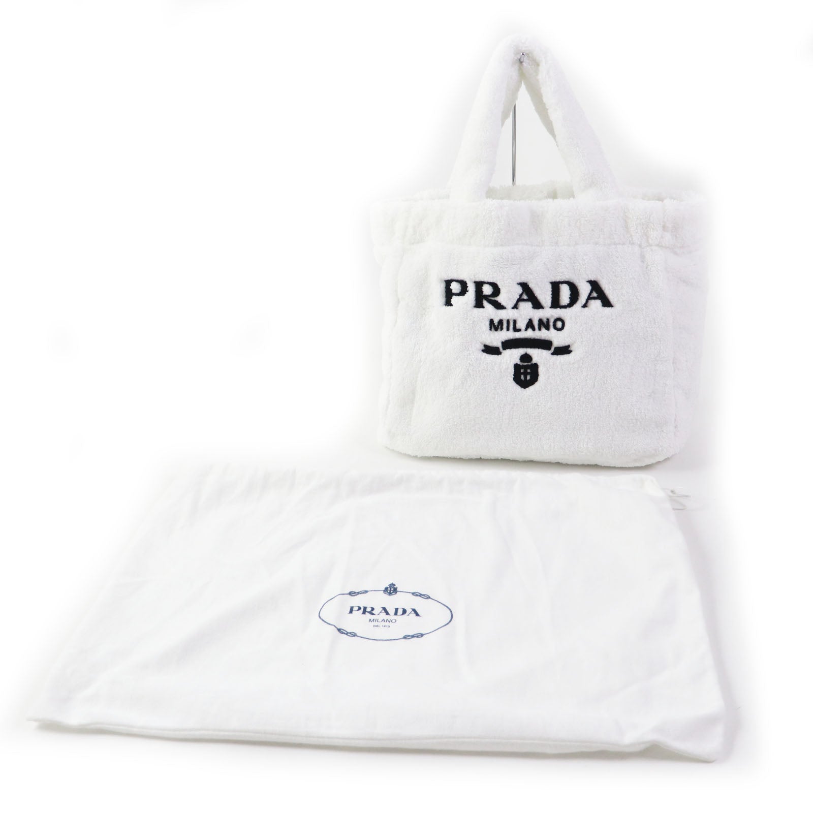 PRADA Tote Bag Terry (pile fabric) White Black , BIANCO NERO SPUGNA Women