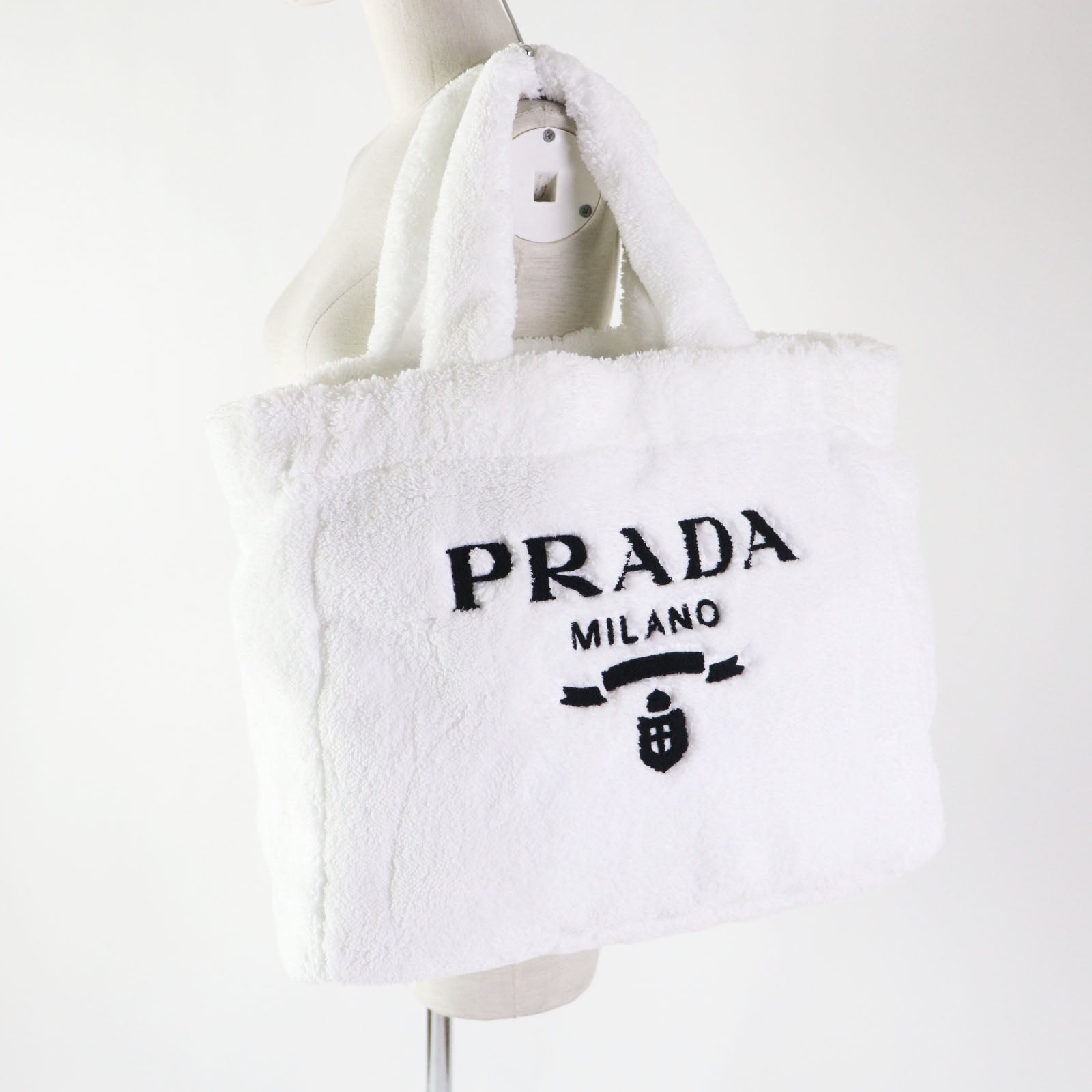 PRADA Tote Bag Terry (pile fabric) White Black , BIANCO NERO SPUGNA Women