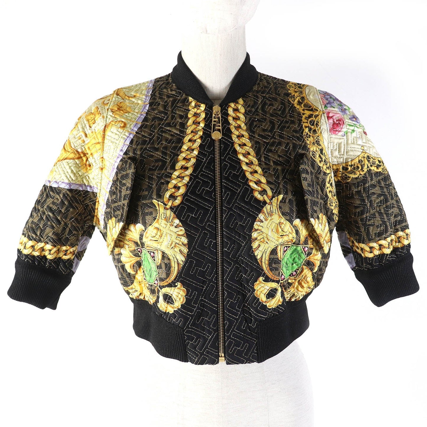 FENDI Jacket FJ7258 Outer: 100% silk, Lining: 100% silk, Trim: 69% polyester, 27% nylon, 4% polyurethane Brown Yellow type Black Multicolor Women 36