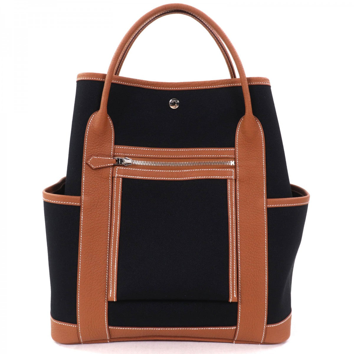 HERMES Tote Bag Toile Military Black / gold Garden Party Pocket Vertical