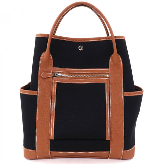 HERMES Tote Bag Toile Military Black / gold Garden Party Pocket Vertical
