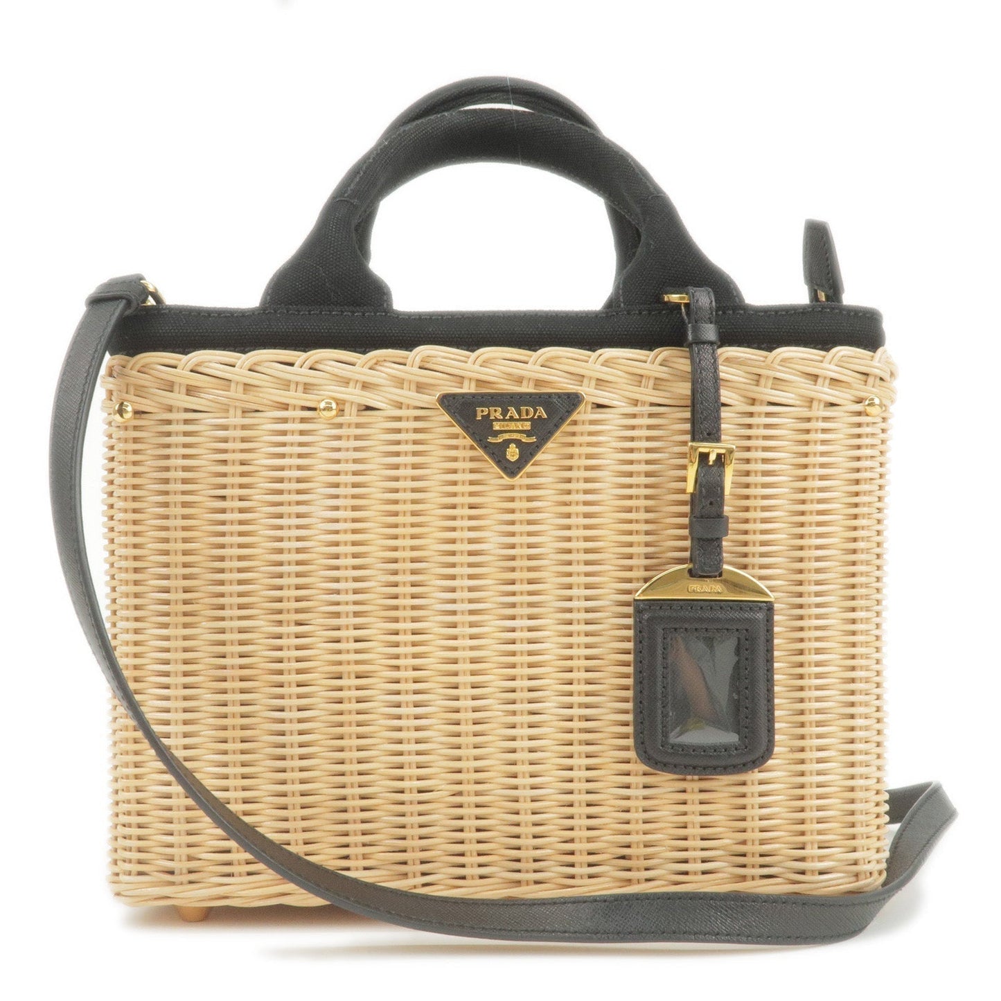 PRADA Wicker Canvas 2Way Basket Bag Hand Bag Black