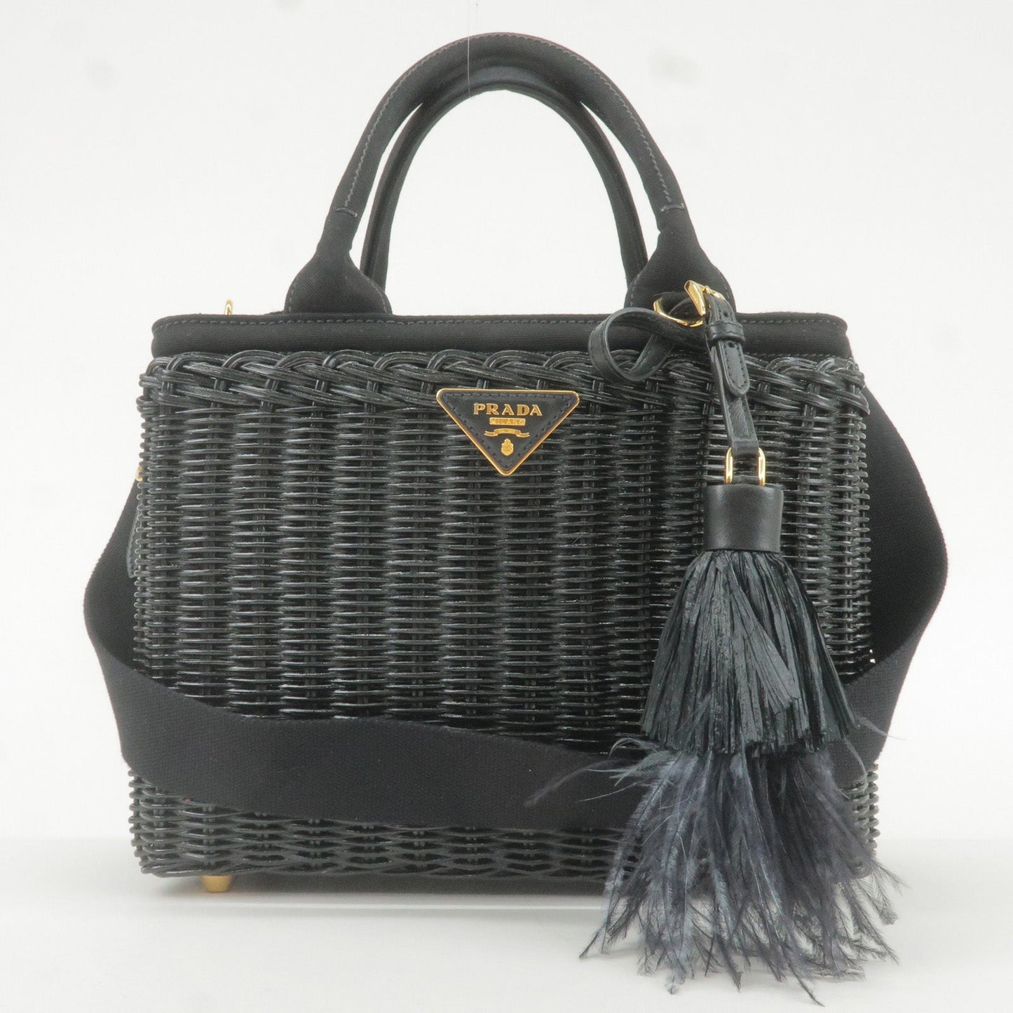 PRADA Wicker Canvas 2Way Basket Bag Hand Bag Black