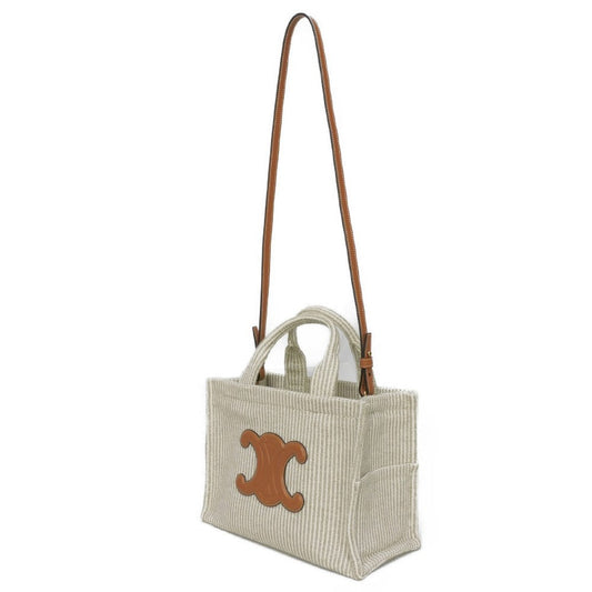 CELINE Handbag. Textile x Calfskin beige Triomphe Small Hippo Tice Women