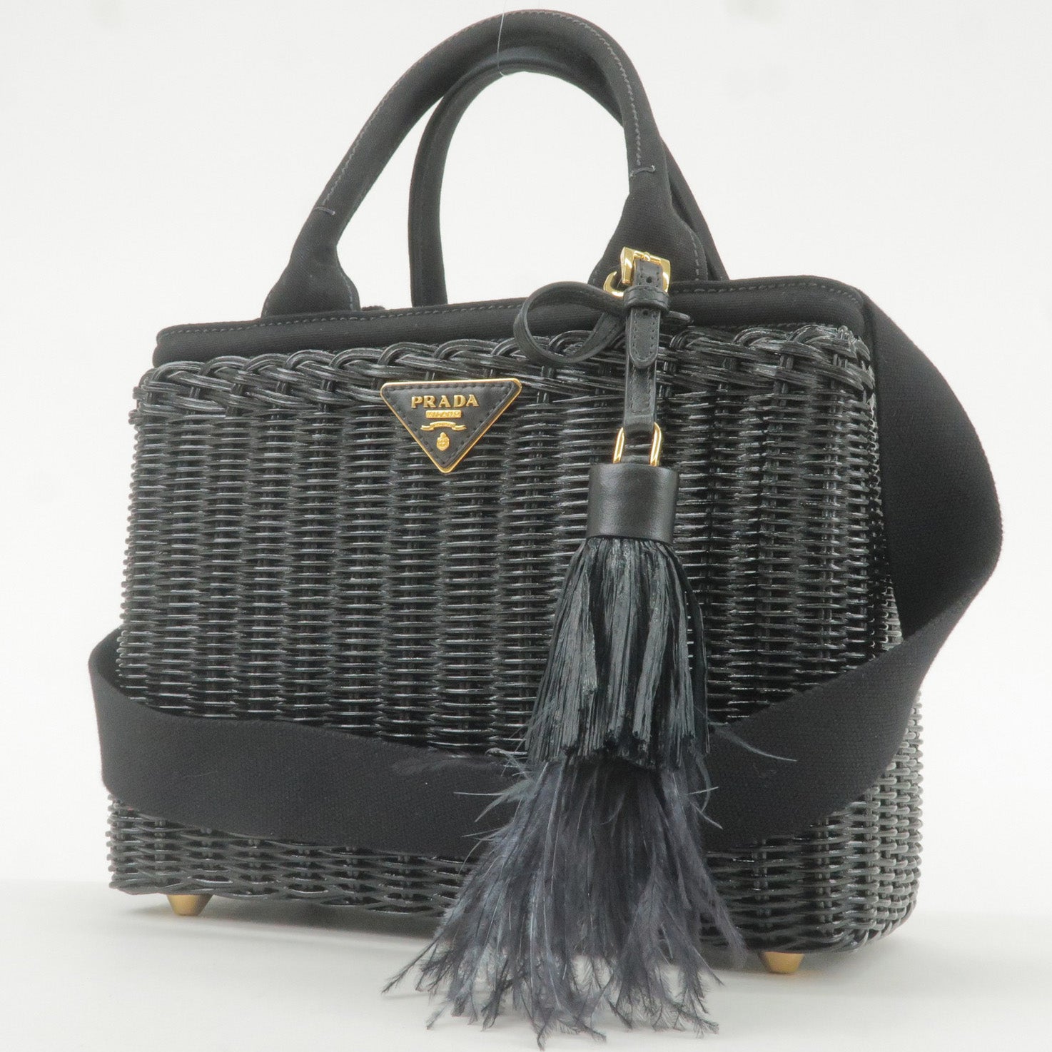 PRADA Wicker Canvas 2Way Basket Bag Hand Bag Black